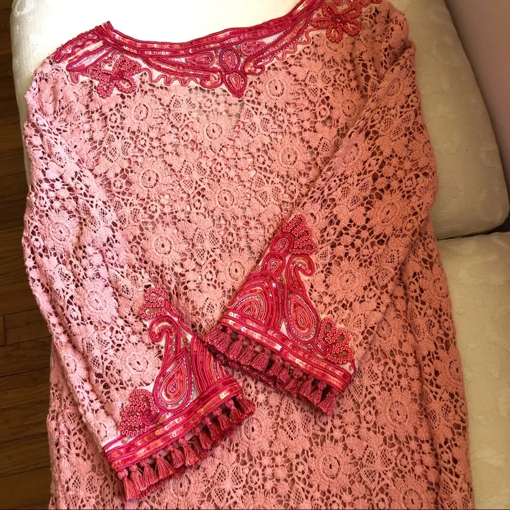 Calypso St. Barth’s tunic dress, peach/coral embroidered sequin & tassels S